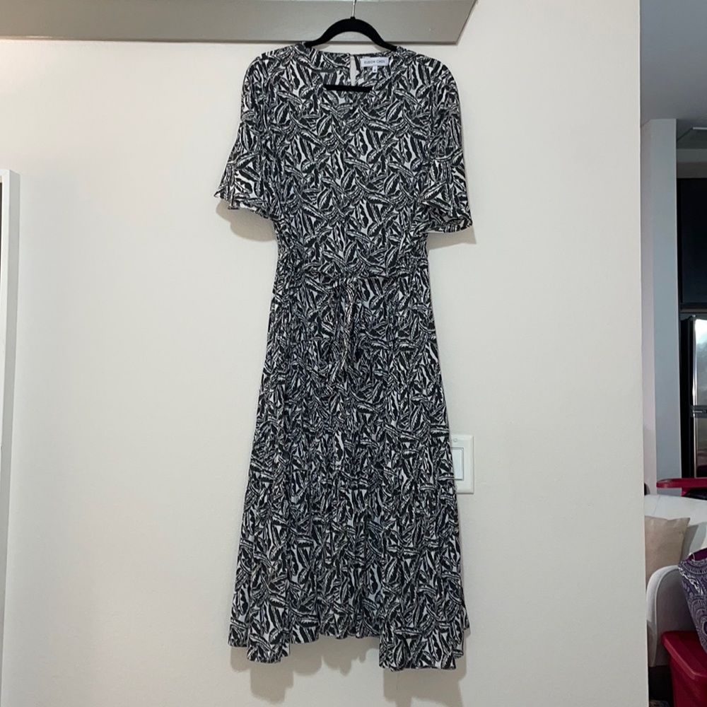 Eudon Choi Leaf Print Tie Waist V Neck Dress SZ M EUC
